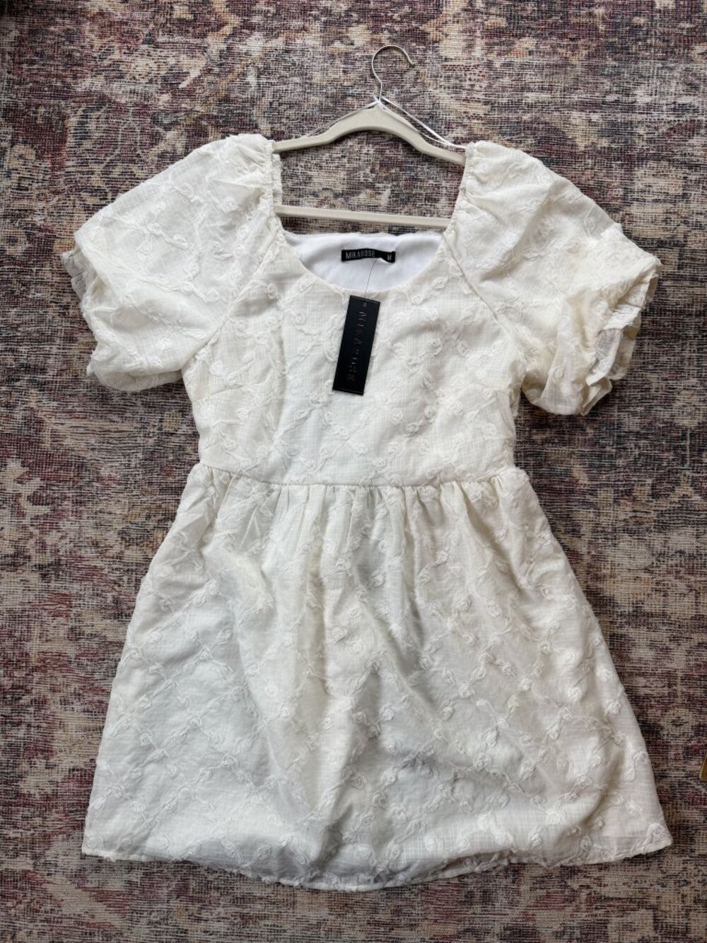NWT Mikarose White Floral Jacquard Puff Sleeve Babydoll Mini Dress M